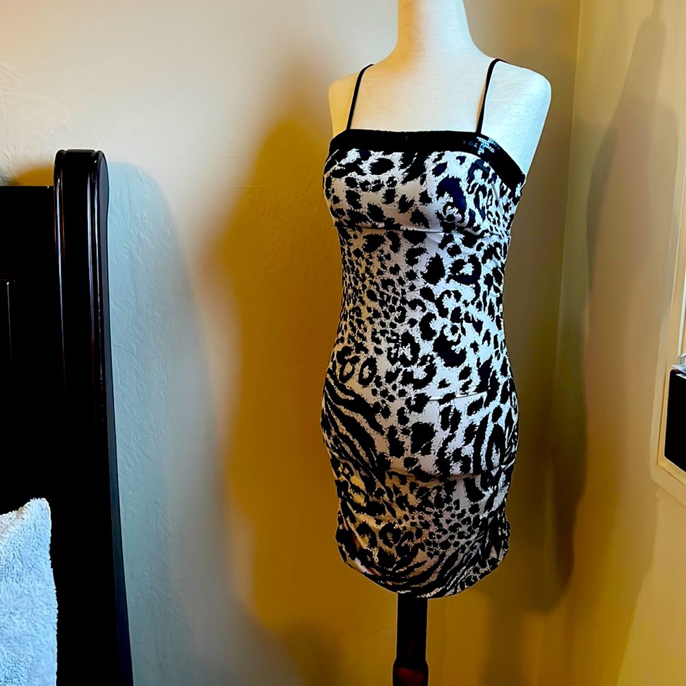 Leopard print and black sequin party dress, size small